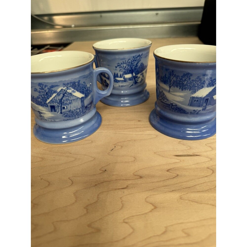 Vintage Currier and Ives Mugs The Homestead in Winter Series Blue & White Set 3